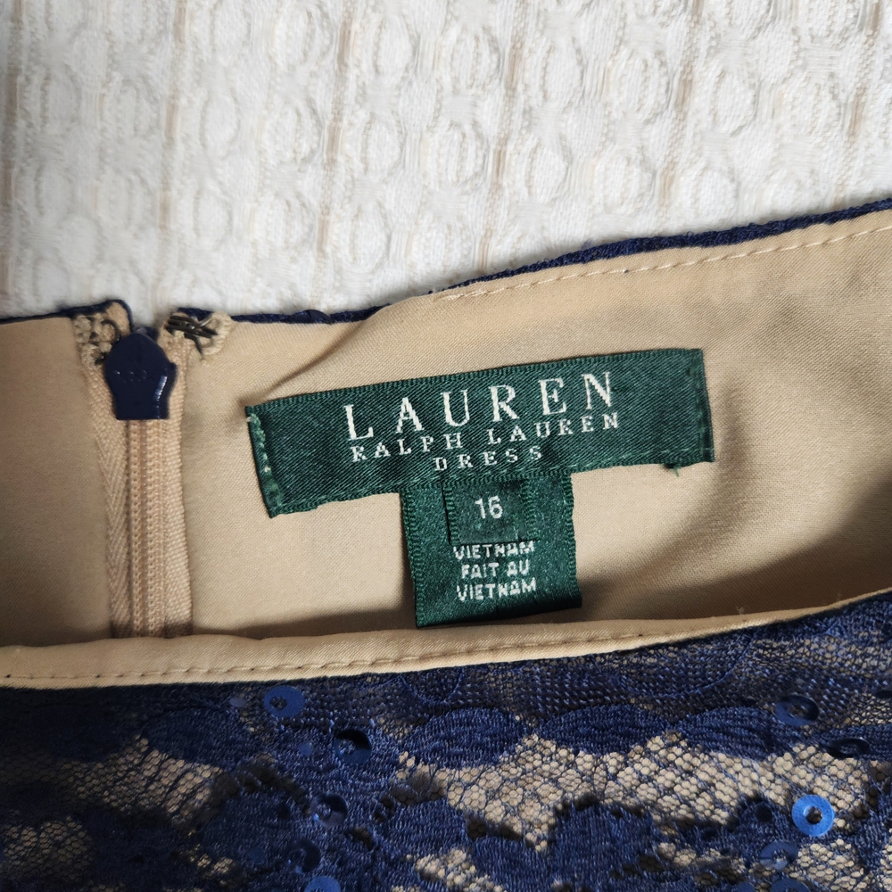Lauren Ralph Lauren Navy Lace Overlay Dress with Beige Lining